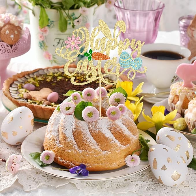 Ephlyn Easter Happy Birthday Cake Topper, 1Pc Glitter Carrot Egg Bunny Rabbit Cake Decorations for Kids Birthday Party Supplies