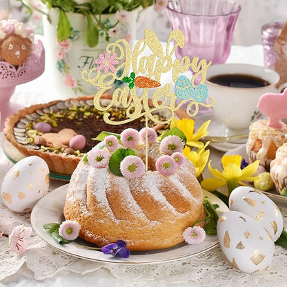 Ephlyn Easter Happy Birthday Cake Topper, 1Pc Glitter Carrot Egg Bunny Rabbit Cake Decorations for Kids Birthday Party Supplies