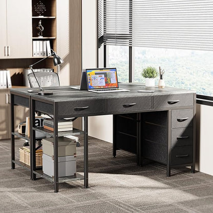 Huuger Computer Desk with 6 Drawers, Office Desk with Shelves, Reversible Gaming Desk, Corner Desk with Storage, Work for Home Office, Study, Living Room, 47inch, Gray