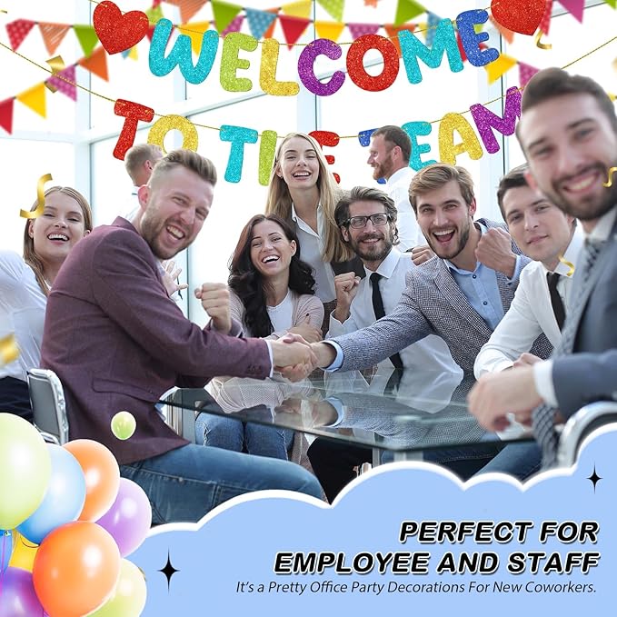 Fulmoon Pre Strung Welcome to The Team Banner with Two Heart Signs, NO DIY, Glitter Welcome Party Supplies for New Employee, Coworker, Colleague, Staff, Team Member Office Decorations (Colorful)