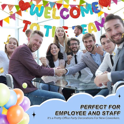 Fulmoon Pre Strung Welcome to The Team Banner with Two Heart Signs, NO DIY, Glitter Welcome Party Supplies for New Employee, Coworker, Colleague, Staff, Team Member Office Decorations (Colorful)