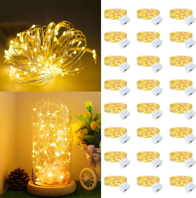 Fairy Lights,Silver Wire String Lights Waterproof,Battery Operated 7FT 20LED Firefly Starry Moon Lights for DIY Christmas Wedding Party Bedroom Decor (Warm White, 24 Pack)