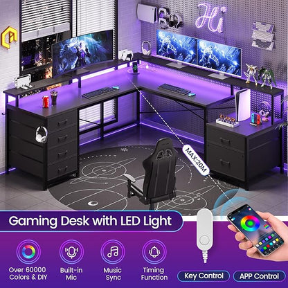 SEDETA L Shaped Desk with 6 Drawer, 108" Home Office Desk with File Drawer & Power Outlet, Corner Computer Desk with Monitor Shelf, File Cabinet, Two Person Desk, Gaming Desk with Led Lights, Black