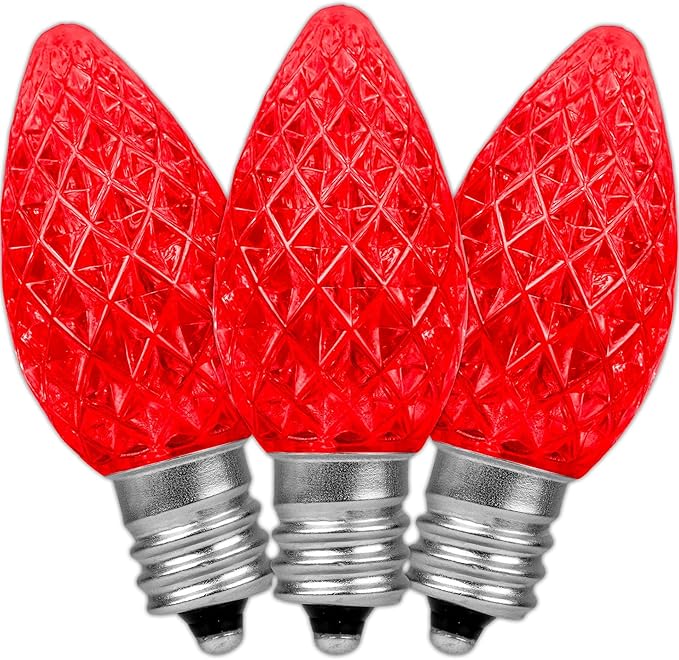 Novelty Lights 20CT Case (500 Bulbs) C7 LED Faceted Ultra Bright Dimmable Outdoor Christmas Light Replacement Bulbs, Red