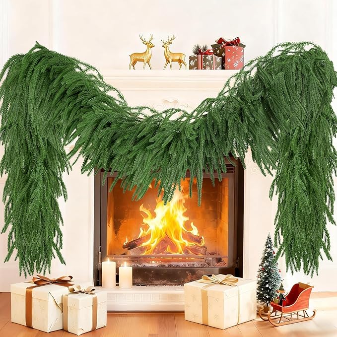 6FT Christmas Garland Artificial Norfolk Pine Garlands Real Touch Winter Green Greenery Garland Christmas Decoration Xmas Garland for Door Table Mantle Wall Indoor Outdoor Christmas Decor