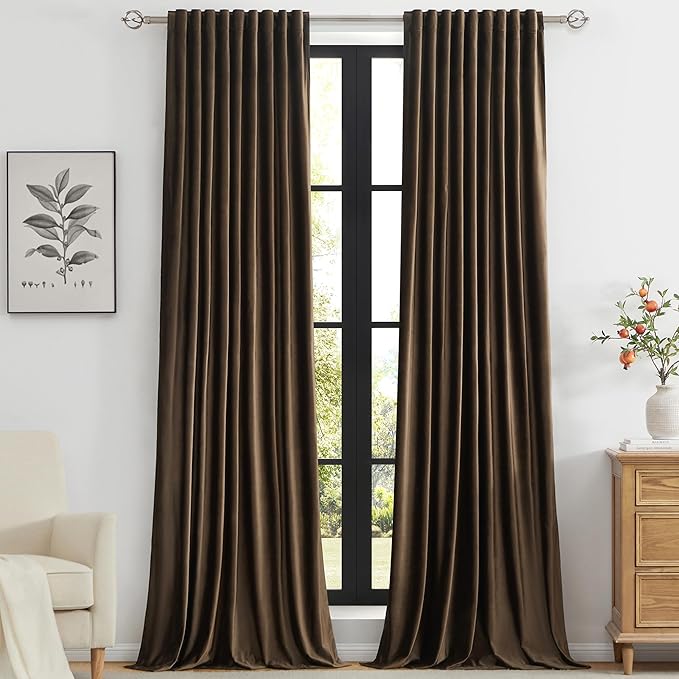 PRIMROSE Brown Velvet Curtains 108 inch Long for Living Room,Set of 2 Panels Blackout Rod Pocket Back Tab Window Treatment Room Darkening Heavy Decorative Curtains Drapes for Bedroom