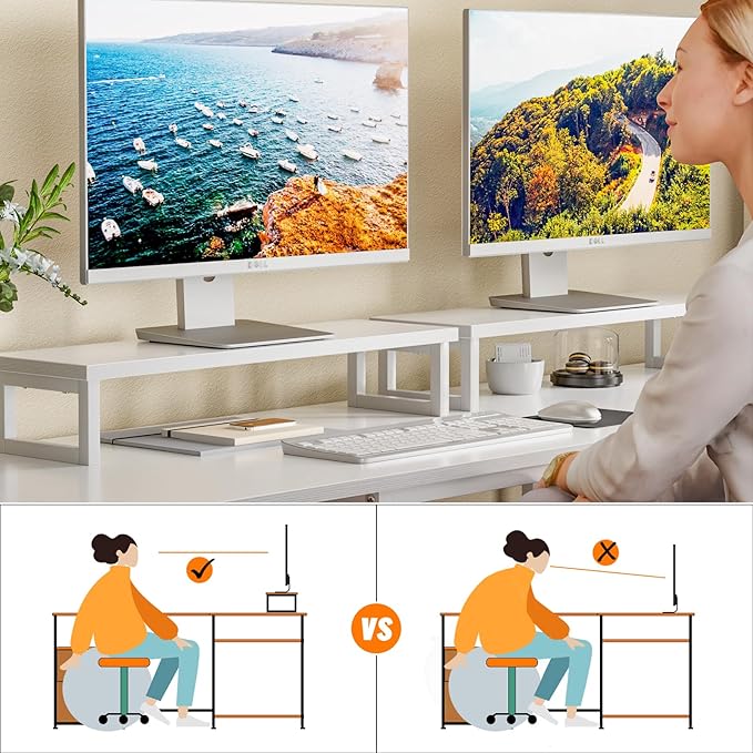 Furologee White 59” L Shaped Desk with Power Outlet, Reversible Computer Desk with File Drawer & 2 Monitor Stands, Corner Home Office Table with Storage Shelves for Gaming Writing
