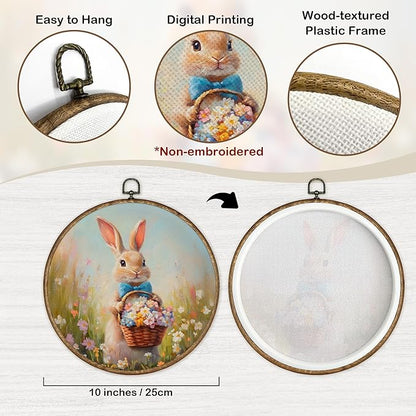 TLESKE Easter Bunny Flower Floral Round Wall Art Decor 10x10, Spring Rabbit Framed Canvas Wall Art Prints Artwork, Easter Bunny Wall Hanging Room Door Decor Decorations for Bedroom Living Room