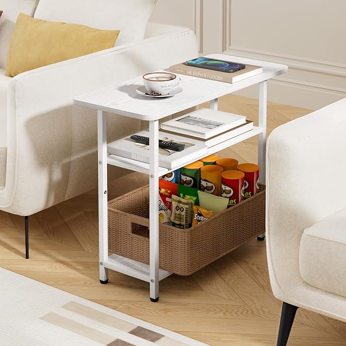 SLEEPING LAMB Side Table for Living Room, 3-Tier End Table for Small Space with Wide Storage Tabletop, Elegant White Narrow Nightstand for Bedroom, Sofa Couch