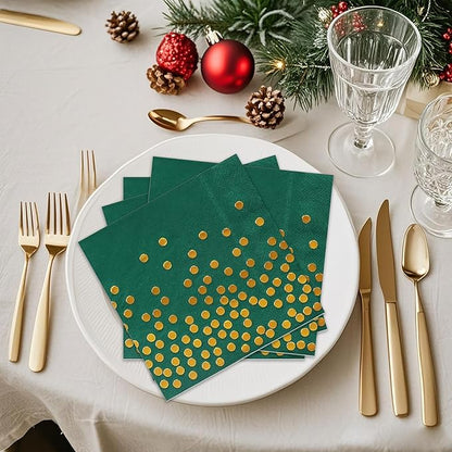 100 Pack 6.5x6.5 Inch Disposable Green and Gold Cocktail Napkins