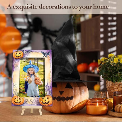 Halloween Picture Frame, 4×6 Pumpkin Wooden Photo Frame for Home Decor Tabletop Display, Vintage Castle Gifts for Family Friends - A01