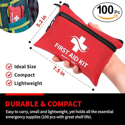 Protect Life First Aid Kit, Travel First Aid Kit for Car, 100 Piece Compact Emergency Preparedness Starter Kit for Home, Office, Camping, Hiking