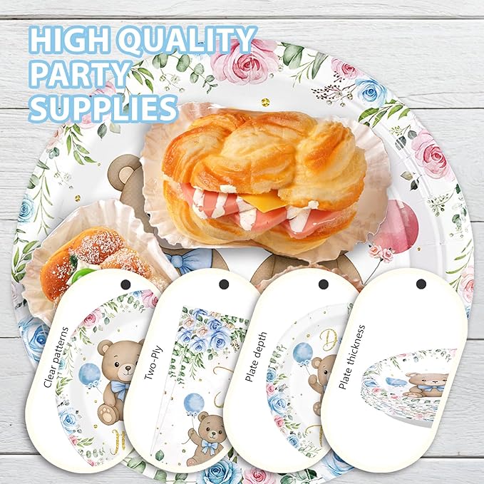 96Pcs Twin Bear Boy Girl Baby Shower Party Supplies It's Twins Pink Blue Floral Plates and Napkins Disposable Double the Trouble Tableware Set Newborn Gender Reveal Theme Party Decorations Serves 24