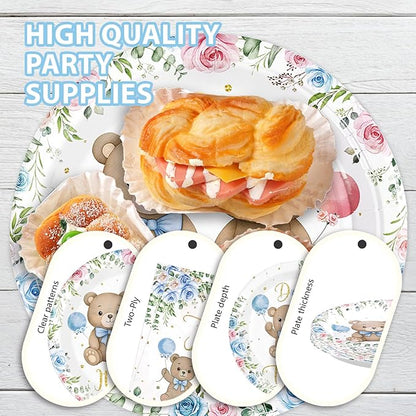 96Pcs Twin Bear Boy Girl Baby Shower Party Supplies It's Twins Pink Blue Floral Plates and Napkins Disposable Double the Trouble Tableware Set Newborn Gender Reveal Theme Party Decorations Serves 24