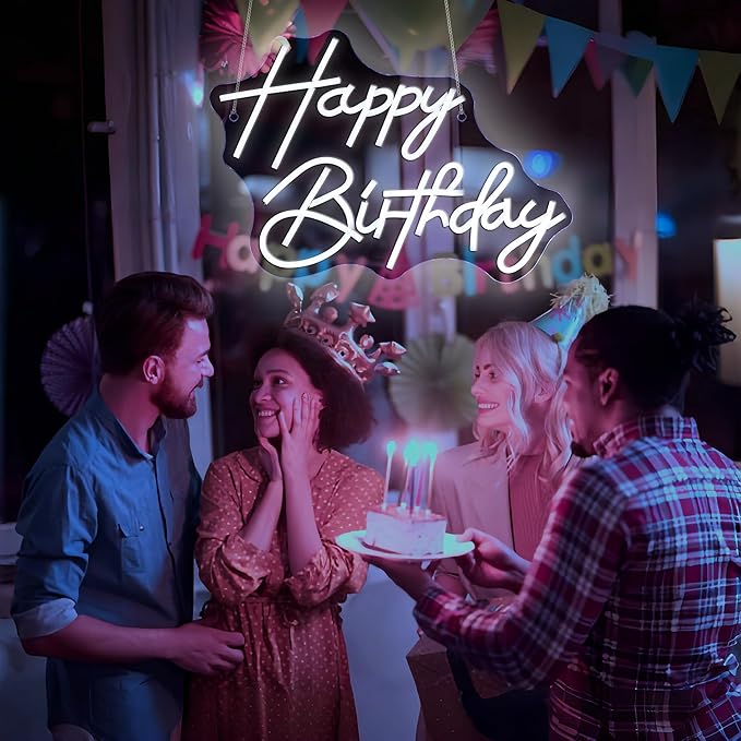Neon Sign, Happy Birthday Neon Signs for Wall Decor White LED Neon Light Up Signs Home Decor for Birthay Business Club Party Bars Shop Decoration USB Operated