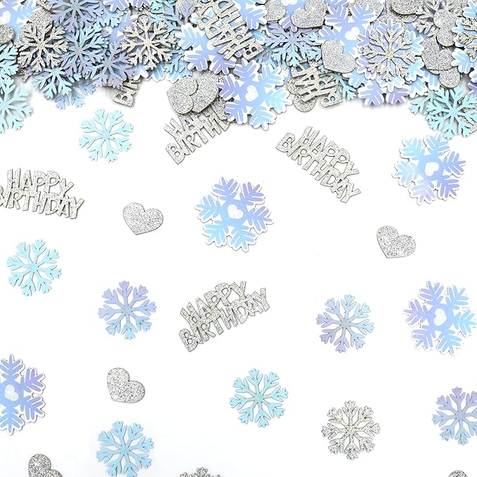 Blue Silver Purple Snowflake Happy Birthday Confetti for Table – 200PC Glitter Heart Snowflakes Table Scatters intend for Winter Wonderland Frozen Birthday Party Decorations
