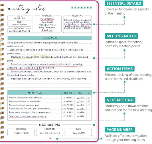 Meeting Notebook for Work Organization - Work notebook with action items, Meeting Minutes Planner Notebook, Perfect Office Supplies for Men & Women - Berry Pink