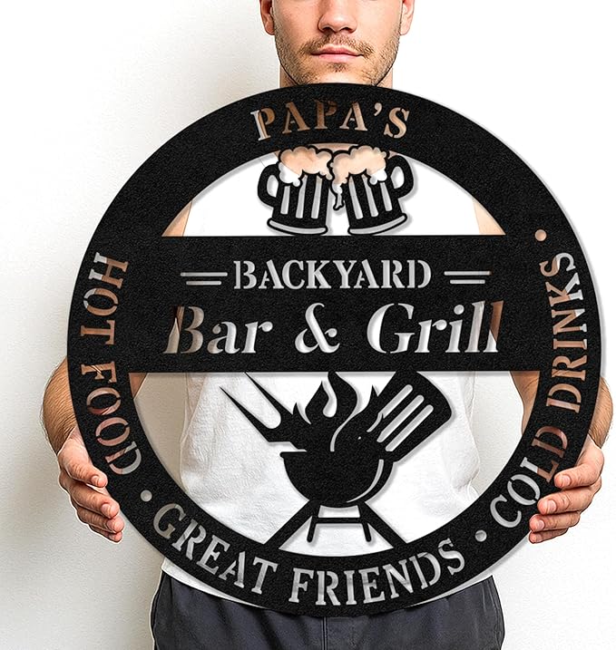 Outdoor Kitchen BBQ Metal Sign, Personalized Name Grill Cut Sign for Patio Wall Decor, Rustic Backyard Barbecue Art
