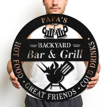 Outdoor Kitchen BBQ Metal Sign, Personalized Name Grill Cut Sign for Patio Wall Decor, Rustic Backyard Barbecue Art