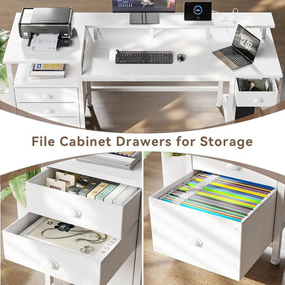Furologee 60" White Office Computer Desk with 4 Drawers,Gaming Desk with LED Lights and Power Outlets,Long Desk with Fabric File Cabinet,Study Writing Work Table with Shelf for Bedroom Home Office