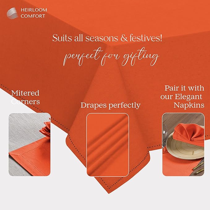 Orange Cotton Table Cover, Rectangle Table Cloth 60"x86", Fits 6-8 Seats, Soft, Durable, Washable, Wrinkle Resistant, Dining Tabletop for Fall Gatherings, Thanksgiving, Rustic Decor