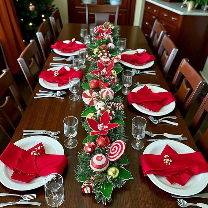 Holiday Tree Christmas Peppermint Garland 60” – Candy Cane Red & White Holiday Decor with Ornaments & Greenery, Handmade Festive Mantel Garland for Staircase, Doorway & Tabletop Decoration