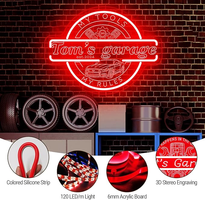 Custom Garage Neon Sign for Wall Decor, Personalized Garage LED Sign, Customizable Your Name Est Year Theme Workshop Man Cave Neon Light Signs, Garage Light Up Sign for Men Dad Gift