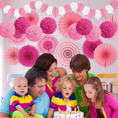 Party Decorations, Pink Papar Fans Pompoms Garlands for Women Girls Mothers Day Bachelorette Wedding Birthday Baby Showers Valentine's Day Party Decorations