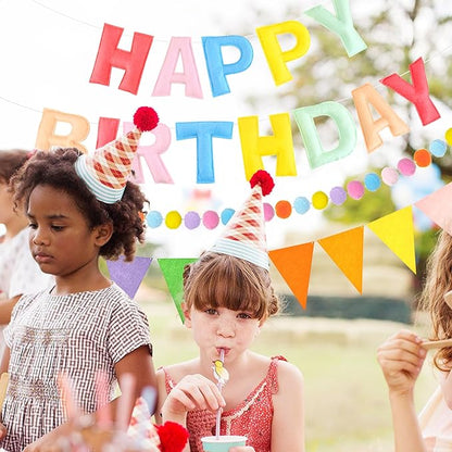 CANREVEL Pre-Strung 3D Happy Birthday Banner, 3 PCS Pastel Felt Garland, Pom Pom Garland, Triangle Fabric Bunting, Reusable Pastel Birthday Decorations for Women Girls