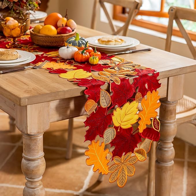 Joyfol Day Fall Leaves Table Runner 14 x 33 inch, Thanksgiving Harvest Rust Maple Leaves Table Runners, Embroidered Autumn Dresser Scarf for Harvest Party Dinner Seasonal Decoration
