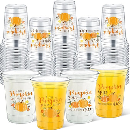 Meanplan 50 Pcs 12oz Fall Baby Shower Party Plastic Cups A Little Pumpkin is On The Way Disposable Clear Cups for Thanksgiving Autumn Baby Shower Gender Reveal Supplies Decorations(Orange)
