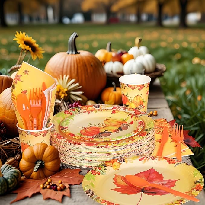 350 Pcs Fall Dinnerware - Thanksgiving Party Decoration Supplies with Autumn Pumpkins, Maple Leaf Paper Plates, Napkins & Cups for 50 Guests