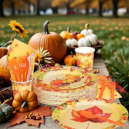 350 Pcs Fall Dinnerware - Thanksgiving Party Decoration Supplies with Autumn Pumpkins, Maple Leaf Paper Plates, Napkins & Cups for 50 Guests
