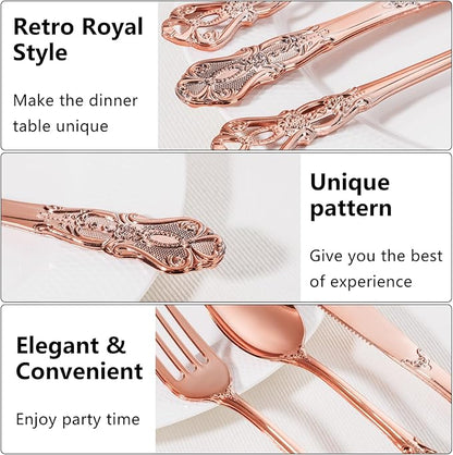 90 Pieces Rose Gold Plastic Silverware - Heavy Duty Disposable Utensils - Fancy Gold Plastic Cutlery Set Includes 30 Forks, 30 Spoons, 30 Knives for Dinner Parties Weddings