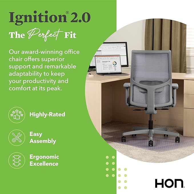 HON Ignition 2.0 Mid Back Task Chair, Standard Synchro-Tilt Control, Office Chair with Lumbar Support, Height and Width Adjustable Arms, Titanium Frame, Frost