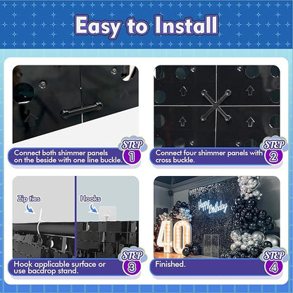 Qcity Black Shimmer Wall Backdrop 36PCS, Black Back Not See-Through Design, Square Sequin Glitter Backdrop Panel, Perfect for Outdoor Events, Birthdays, Wedding and Party Decoration
