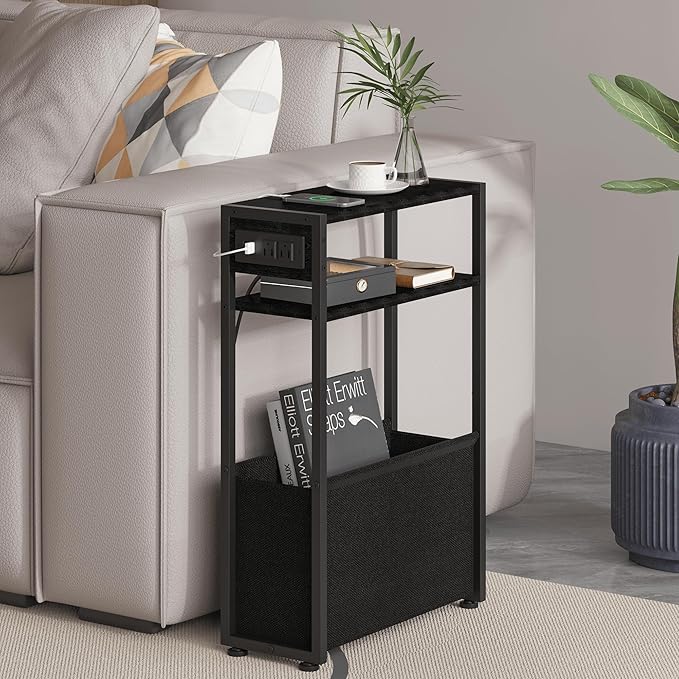 Black Side Table with Charging Station, Slim End Tables with Fabric Basket, Skinny Table for Small Spaces, Thin Bedside Table for Living Room, Bedroom