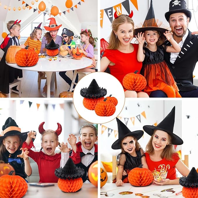 8 Pcs Honeycomb Pumpkin Decorations Halloween Party Set 3 Sizes Tissue Paper Honeycomb Balls for Indoor, Window Spooky Party Haunted House Decor