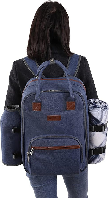 ALLCAMP OUTDOOR GEAR Picnic Backpack for 2 Person Set W/Detachable Bottle/Wine Holder, Fleece Blanket, Plates and Cutlery Set (Blue)