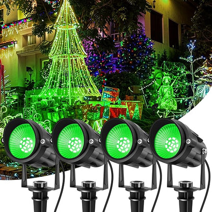 Christmas Green Spotlight Outdoor, 14 LED Landscape Lighting with US Plug, IP65 Waterproof Spotlights for Tree Yard Garden Pathway Halloween St. Patrick's Day Decor 4 Pack