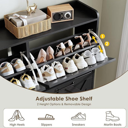Nicetree Shoe Cabinet, Shoe Storage Cabinet for Entryway, Farmhouse Narrow Shoe Rack Cabinet with Metal Legs, Foyer, Hallway,4 Flip Drawers,Black