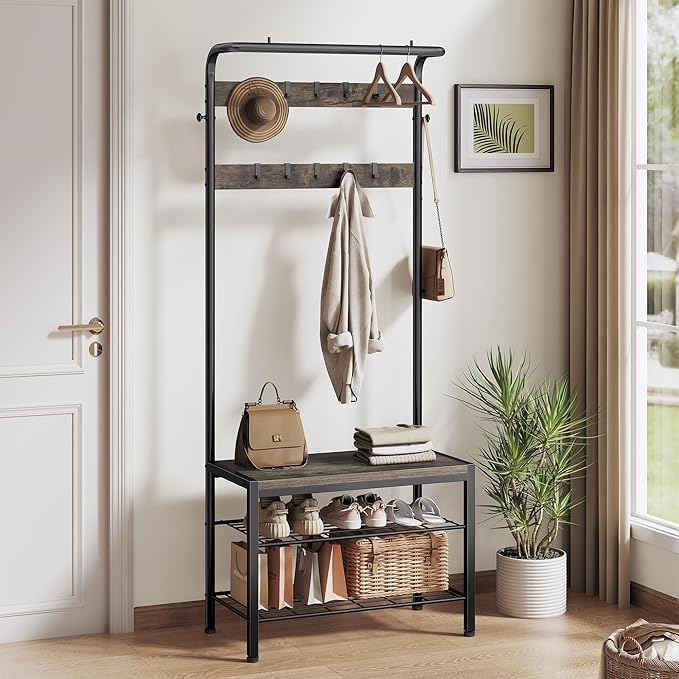 DUMOS Hall Tree with Shoe Bench and Coat Rack, Entryway Bench with Shoe Storage and Hooks, 4-in-1 Coat and Shoe Rack for Entryway, Mudroom Storage Organizer with Shelves, Grey