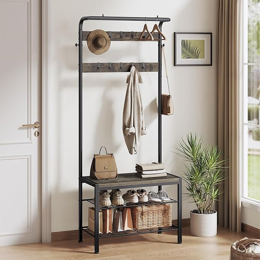DUMOS Hall Tree with Shoe Bench and Coat Rack, Entryway Bench with Shoe Storage and Hooks, 4-in-1 Coat and Shoe Rack for Entryway, Mudroom Storage Organizer with Shelves, Industrial Grey