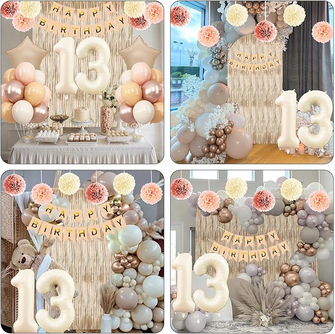 Beige 13th Birthday Decorations Girls Boys Cream Number 13 Balloon Nude Gold Happy Birthday Banner Fringe Curtain Paper Pom Poms Blush White Sand Champagne Star Foil Balloons Neutral Boho Party Decor