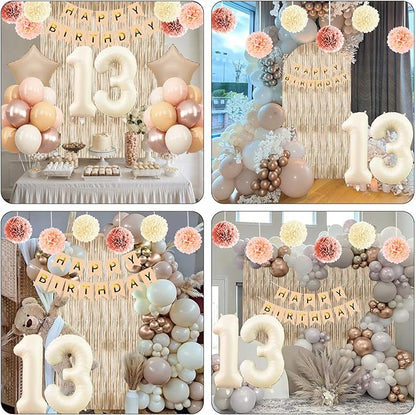Beige 13th Birthday Decorations Girls Boys Cream Number 13 Balloon Nude Gold Happy Birthday Banner Fringe Curtain Paper Pom Poms Blush White Sand Champagne Star Foil Balloons Neutral Boho Party Decor