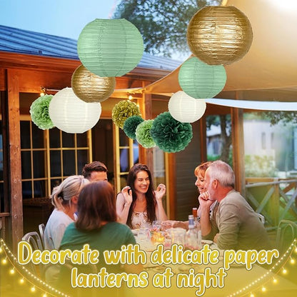 15pcs Hanging Party Decorations Set, Sage Green Gold Paper Flowers Pom Poms Balls and Paper Lanterns for Rustic Party Bridal Shower Wedding Sage Green Birthday Party Supplies