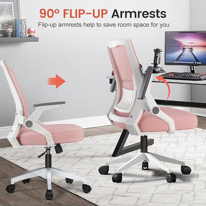 GTPLAYER Ergonomic Office Chair with Flip-up Armrests Executive Computer Chair for Home Office, Breathable Mesh & Comfy Lumbar Support, Pink