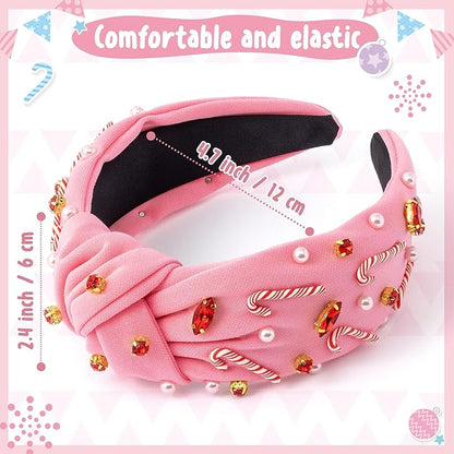 PANTIDE Christmas Jeweled Knotted Headband - Xmas Candy Cane Rhinestone Crystal Pearl Embellished Headband None Slip Wide Top Knot Fashion Hairband Hair Accessories Birthday Gift for Women Girl (Pink)