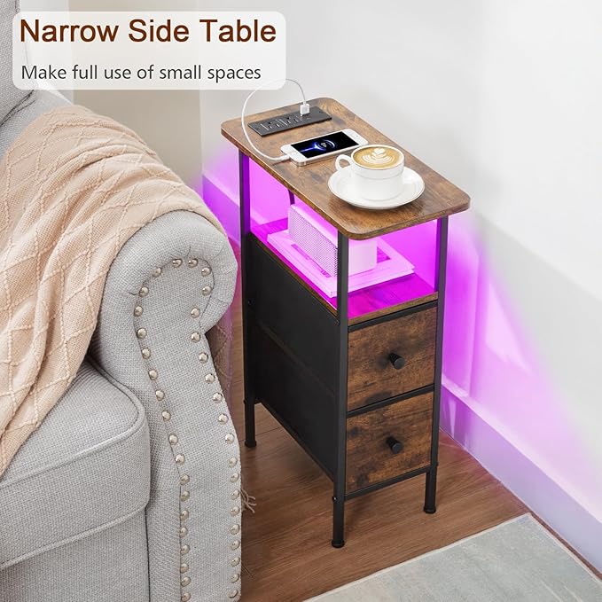 Narrow Nightstand with Charging Station, End Tables Living Room Set of 2, Skinny Side Table with Fabric Drawers, Small Sofa Table with LED Light for Bedroom, Brown, HETNDP02LBR