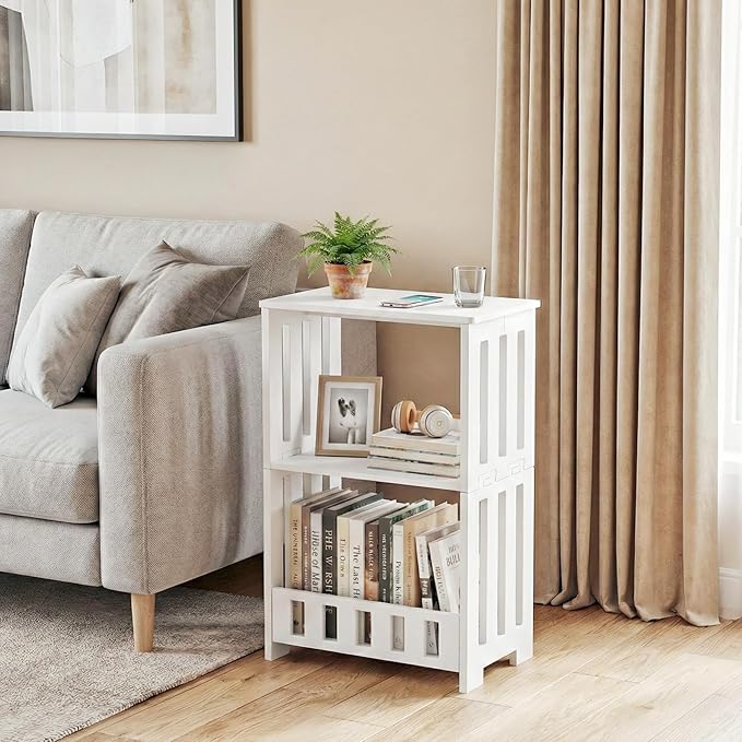 3-Tier End Table Night Stand Set of 2, White Side Table with Storage Shelf, Small Bookshelf Bedside Table for Bedroom, Living Room, Office, Bathroom